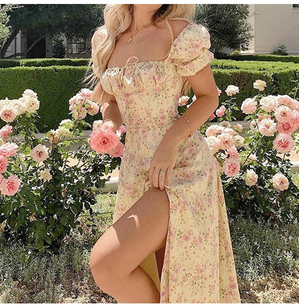 New Printed French Floral Open Back Slim Fit Slim Strap Split Dress for Women